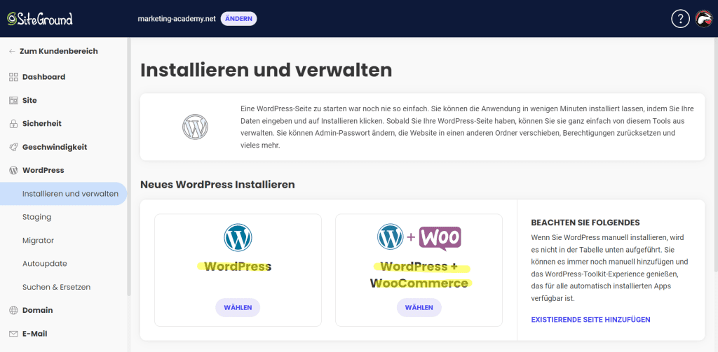 1-Klick-Installation von WordPress