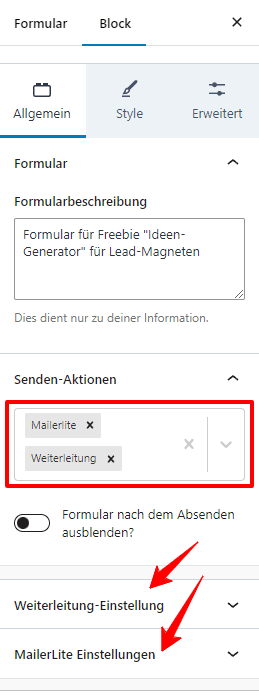 Mailerlite für Formular auswählen