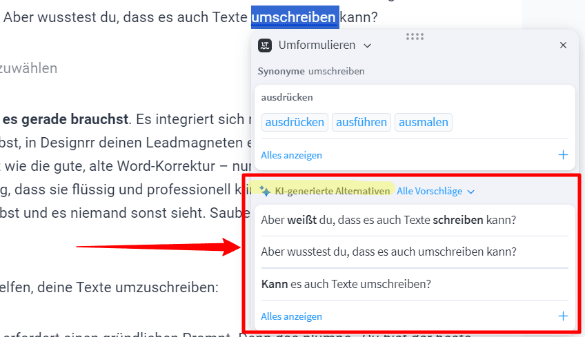 LanguageTool schreibt Texte um